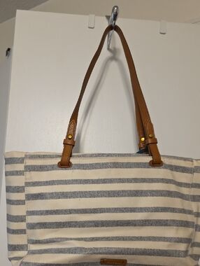 Fossil Navy and Cream Striped Canvas Tote with Tan Leather Handles